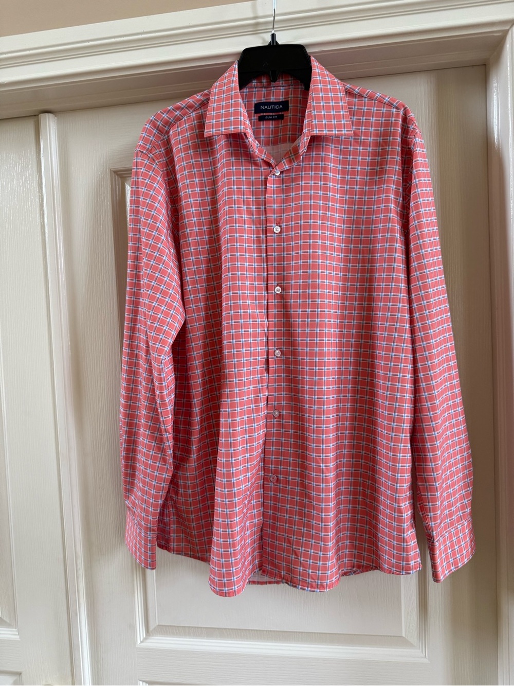 Nautica Slim Fit Button Up Orange Plaid L Large Shirt Long Sleeve 16/16.5